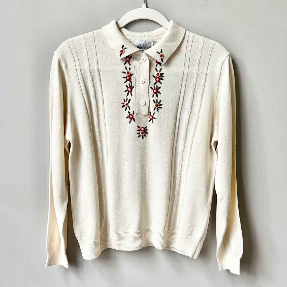 Vintage Knit Polo Sweater Women's Small Cream Floral Embroidery Fall Cottage Top